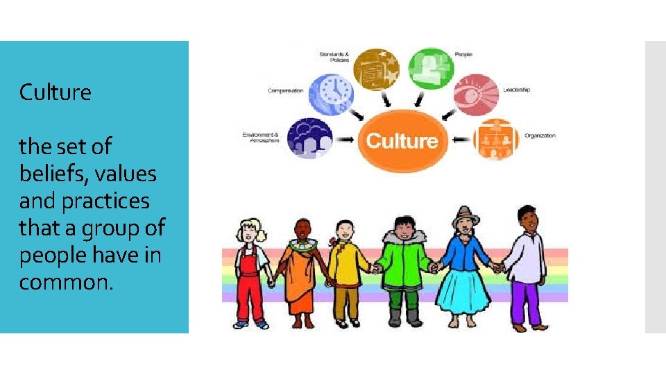Culture the set of beliefs, values and practices that a group of people have