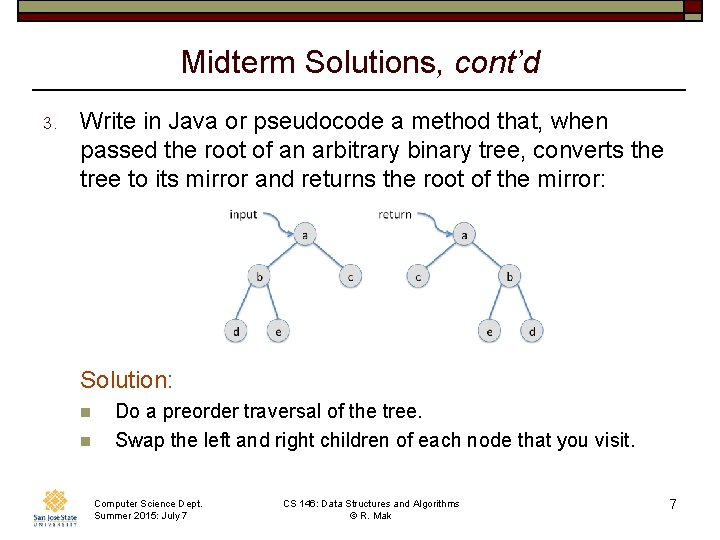 Midterm Solutions, cont’d 3. Write in Java or pseudocode a method that, when passed