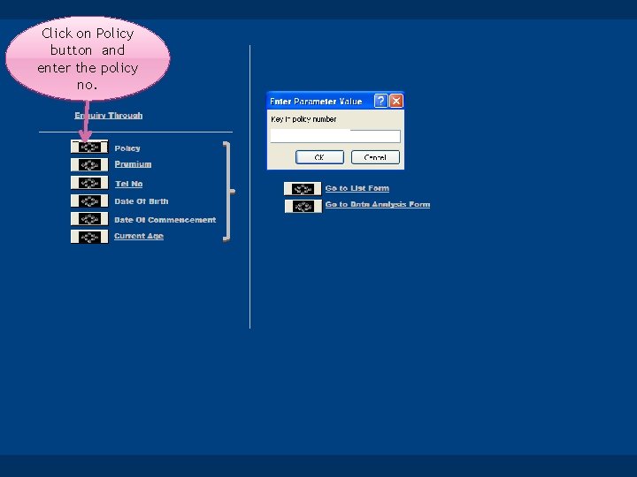 Click on Policy button and enter the policy no. 