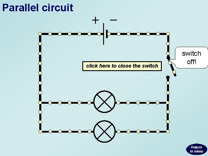 Parallel circuit click here to close the switch off! Return to menu Parallel circuit click here to close the switch off! Return to menu