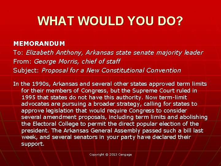 WHAT WOULD YOU DO? MEMORANDUM To: Elizabeth Anthony, Arkansas state senate majority leader From:
