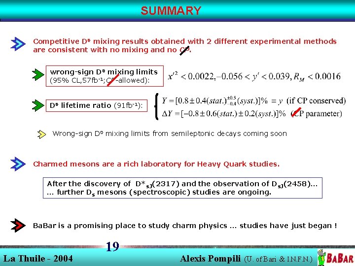 SUMMARY Competitive D 0 mixing results obtained with 2 different experimental methods are consistent SUMMARY Competitive D 0 mixing results obtained with 2 different experimental methods are consistent
