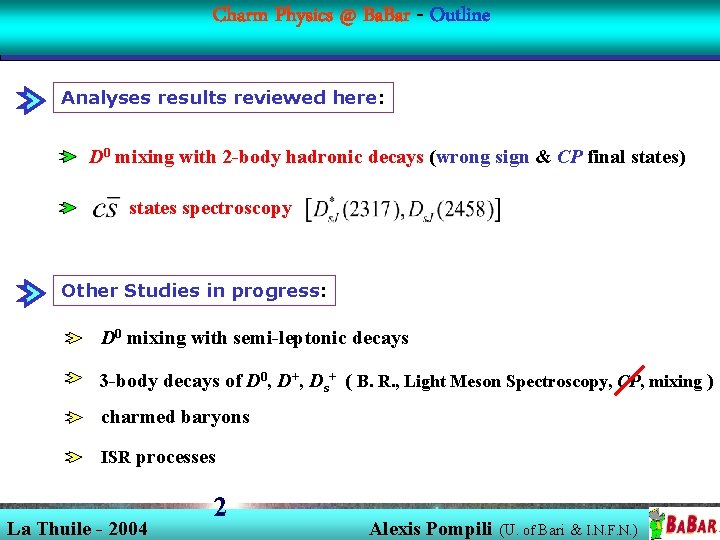 Charm Physics @ Ba. Bar - Outline Analyses results reviewed here: D 0 mixing Charm Physics @ Ba. Bar - Outline Analyses results reviewed here: D 0 mixing