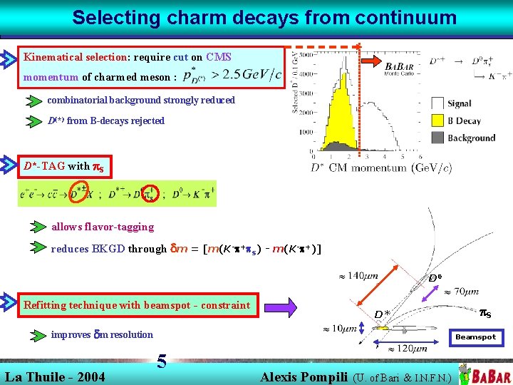 Selecting charm decays from continuum Kinematical selection: require cut on CMS momentum of charmed Selecting charm decays from continuum Kinematical selection: require cut on CMS momentum of charmed