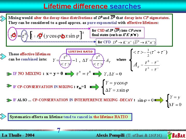 Lifetime difference searches Mixing would alter the decay-time distributions of D 0 and D Lifetime difference searches Mixing would alter the decay-time distributions of D 0 and D