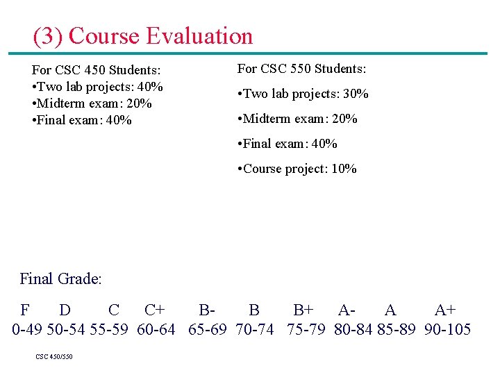 (3) Course Evaluation For CSC 450 Students: • Two lab projects: 40% • Midterm