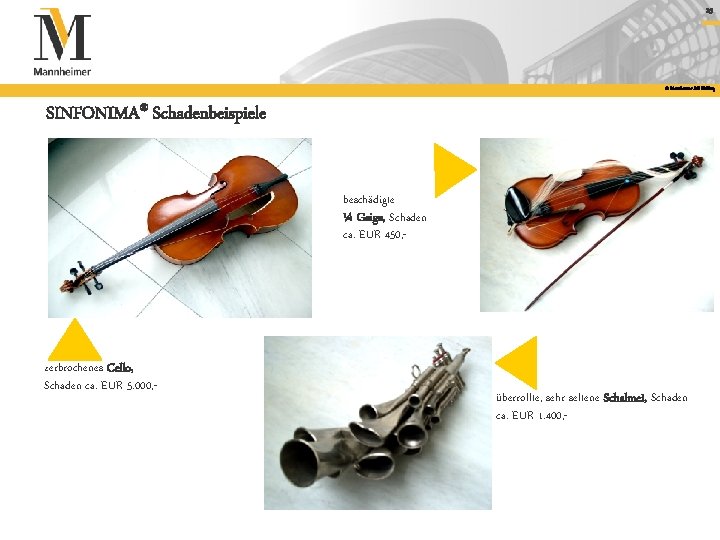 25 © Mannheimer AG Holding SINFONIMA® Schadenbeispiele beschädigte ¼ Geige, Schaden ca. EUR 450,