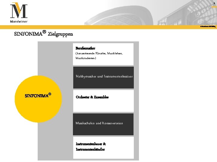 3 © Mannheimer AG Holding SINFONIMA Zielgruppen Berufsmusiker (konzertierende Künstler, Musiklehrer, Musikstudenten) Hobbymusiker und