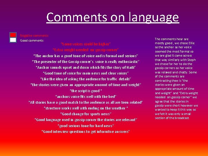 Comments on language Negative comments Good comments “Some voices could be higher” “Extra weight