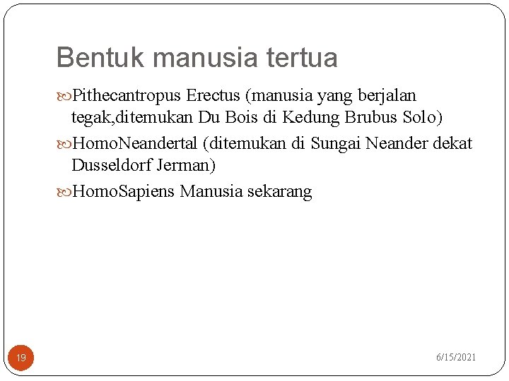 Bentuk manusia tertua Pithecantropus Erectus (manusia yang berjalan tegak, ditemukan Du Bois di Kedung