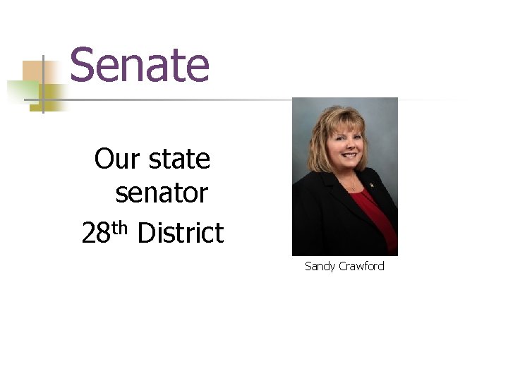 Senate Our state senator 28 th District Sandy Crawford 