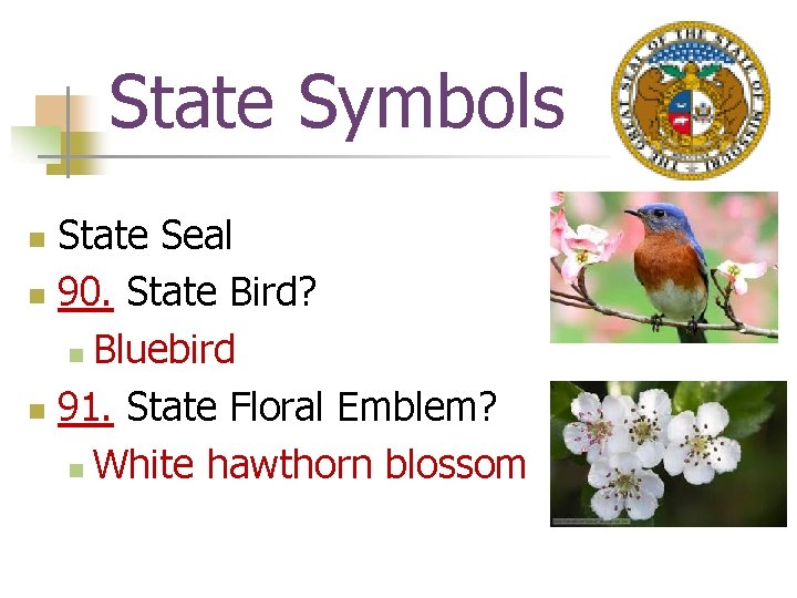 State Symbols State Seal n 90. State Bird? n Bluebird n 91. State Floral