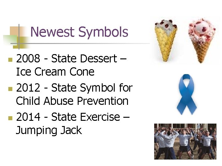 Newest Symbols 2008 - State Dessert – Ice Cream Cone n 2012 - State