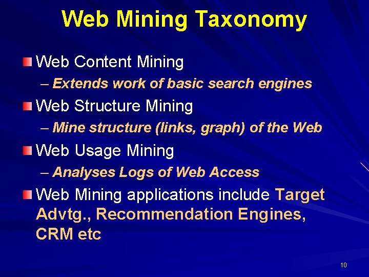 Web Mining Taxonomy Web Content Mining – Extends work of basic search engines Web