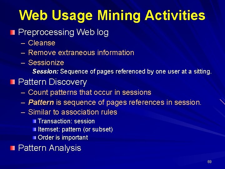 Web Usage Mining Activities Preprocessing Web log – – – Cleanse Remove extraneous information