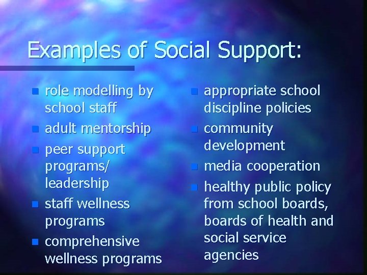 Examples of Social Support: n n n role modelling by school staff adult mentorship