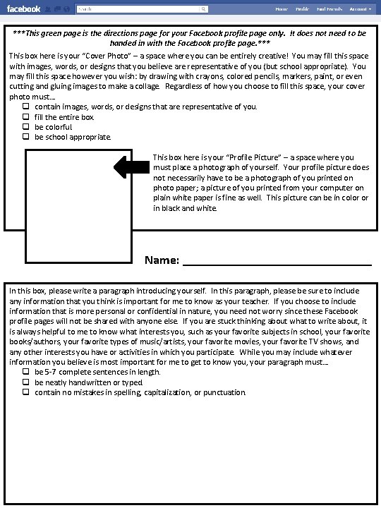 ***This green page is the directions page for your Facebook profile page only. It ***This green page is the directions page for your Facebook profile page only. It