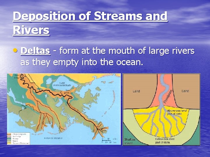 Deposition of Streams and Rivers • Deltas - form at the mouth of large