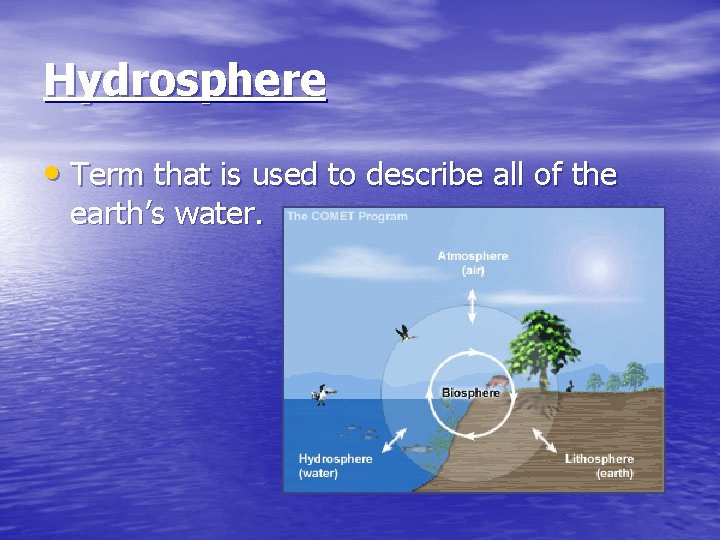 Hydrosphere • Term that is used to describe all of the earth’s water. 