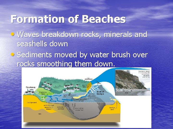 Formation of Beaches • Waves breakdown rocks, minerals and seashells down • Sediments moved