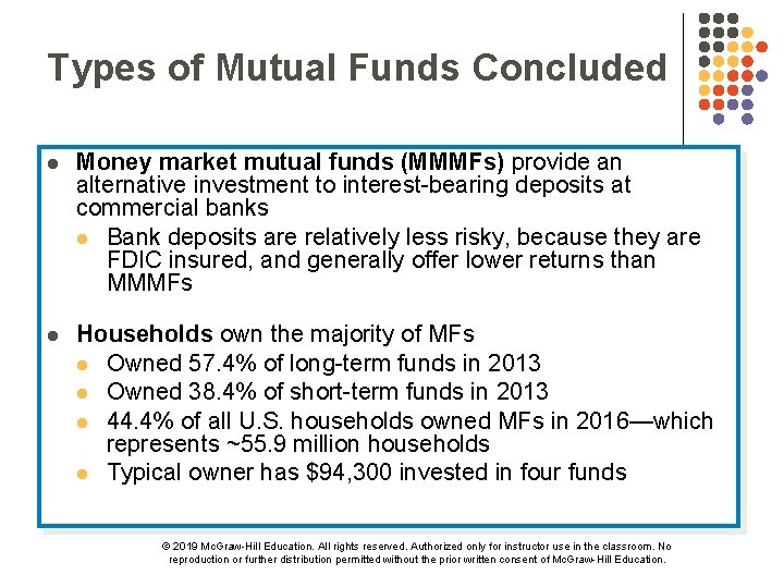 Types of Mutual Funds Concluded l Money market mutual funds (MMMFs) provide an alternative