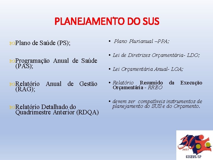 PLANEJAMENTO DO SUS Plano de Saúde (PS); Programação Anual de Saúde (PAS); Relatório Anual