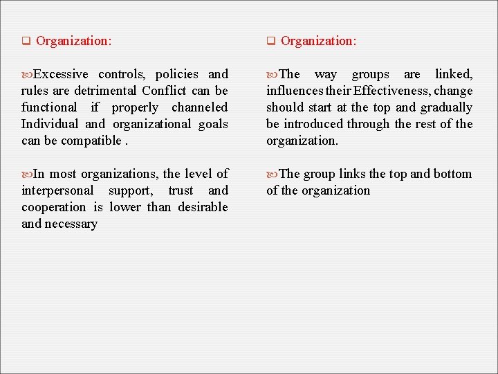 q Organization: Excessive controls, policies and The rules are detrimental Conflict can be functional