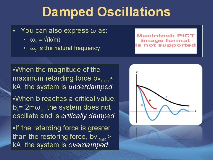 Damped Oscillations • You can also express ω as: • ωo = √(k/m) •