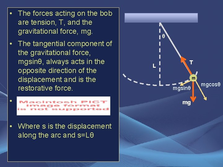  • The forces acting on the bob are tension, T, and the gravitational