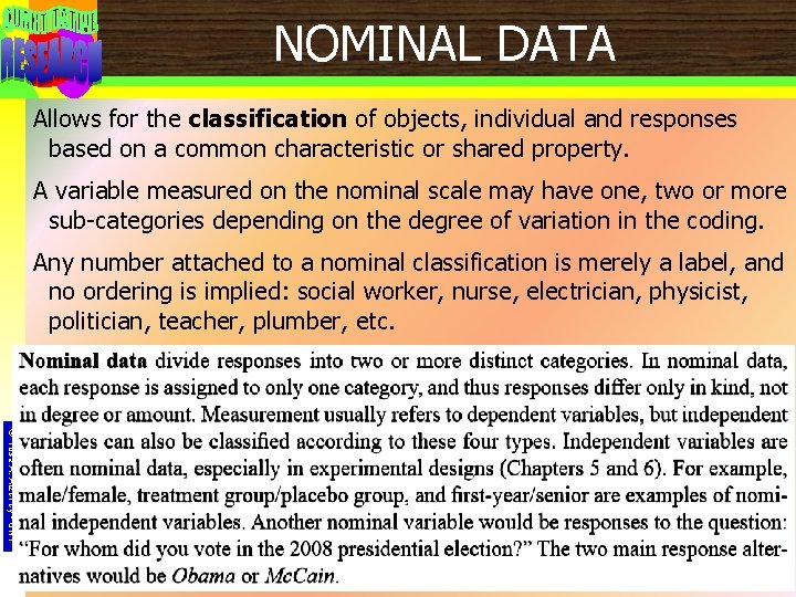 NOMINAL DATA Allows for the classification of objects, individual and responses based on a