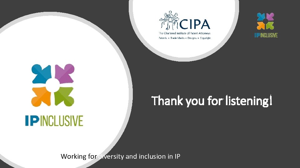Thank you for listening! Working for diversity and inclusion in IP Thank you for listening! Working for diversity and inclusion in IP