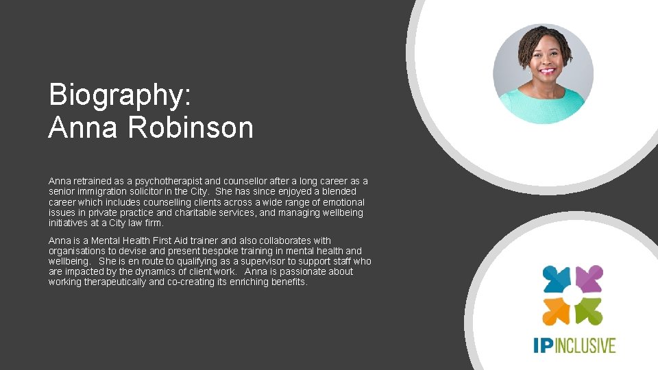 Biography: Anna Robinson Anna retrained as a psychotherapist and counsellor after a long career Biography: Anna Robinson Anna retrained as a psychotherapist and counsellor after a long career