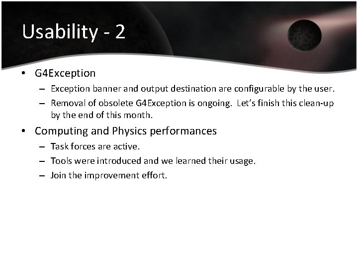 Usability - 2 • G 4 Exception – Exception banner and output destination are