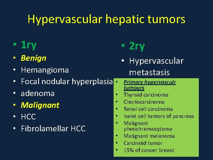 Hypervascular hepatic tumors • 1 ry • • 2 ry Benign • Hypervascular Hemangioma