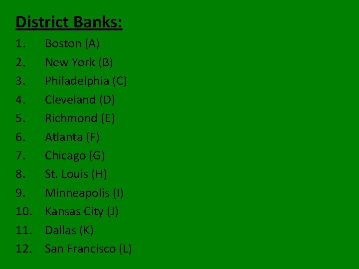 District Banks: 1. 2. 3. 4. 5. 6. 7. 8. 9. 10. 11. 12. District Banks: 1. 2. 3. 4. 5. 6. 7. 8. 9. 10. 11. 12.