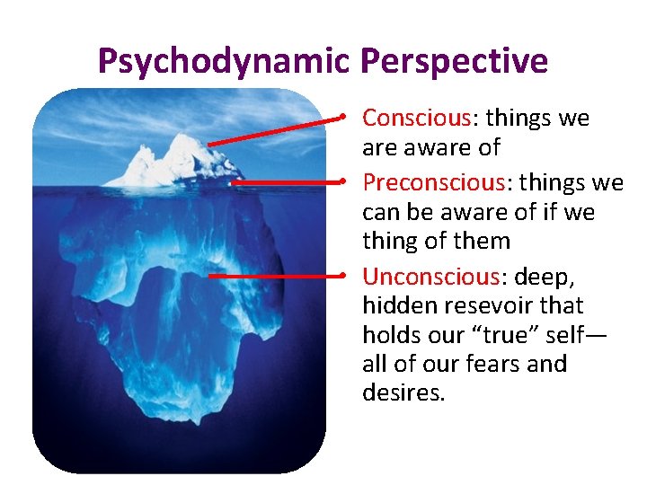 Psychodynamic Perspective • Conscious: things we are aware of • Preconscious: things we can