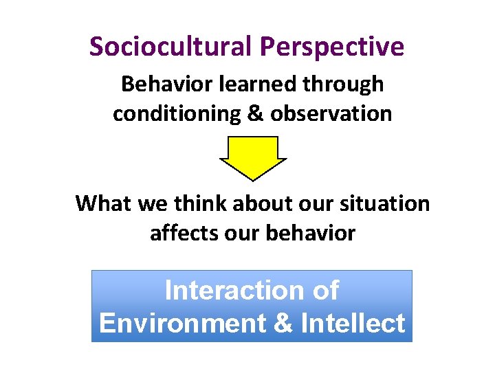 Sociocultural Perspective Behavior learned through conditioning & observation What we think about our situation