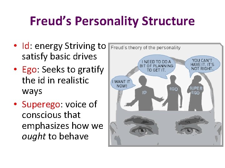 Freud’s Personality Structure • Id: energy Striving to satisfy basic drives • Ego: Seeks