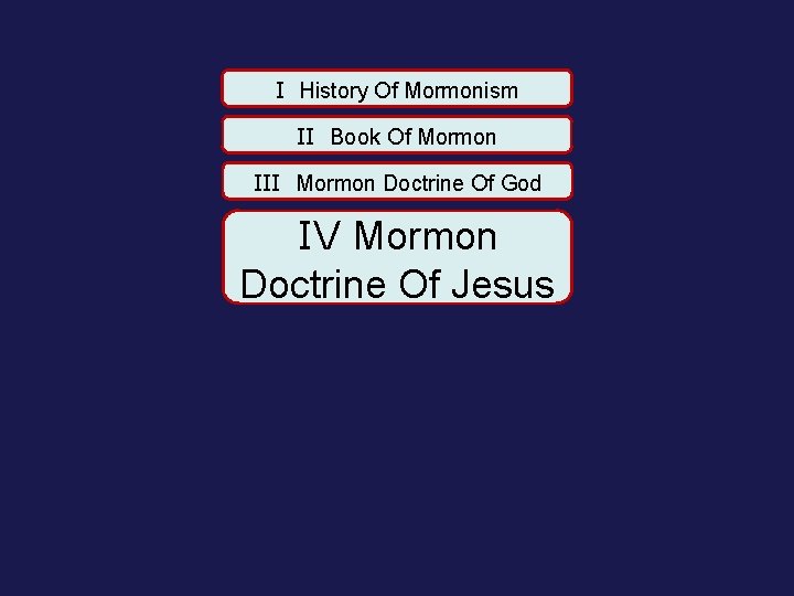 I History Of Mormonism II Book Of Mormon III Mormon Doctrine Of God IV