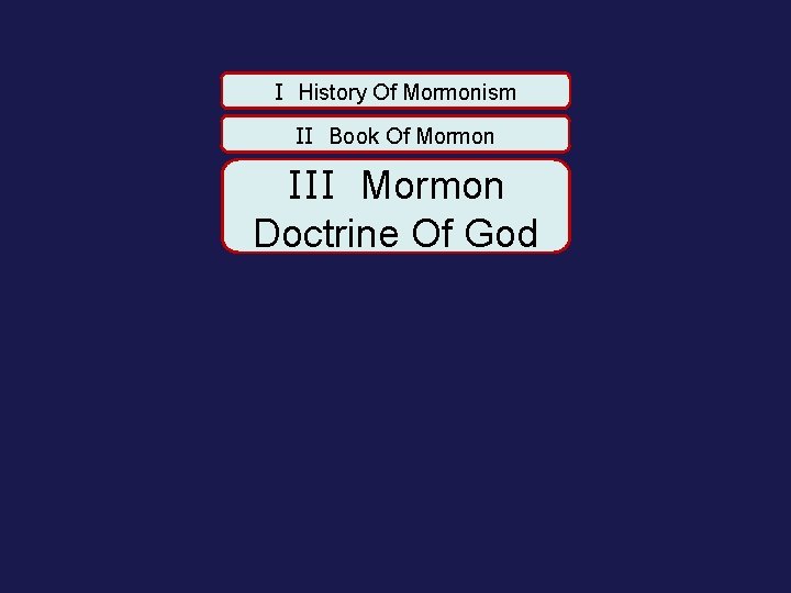 I History Of Mormonism II Book Of Mormon III Mormon Doctrine Of God 