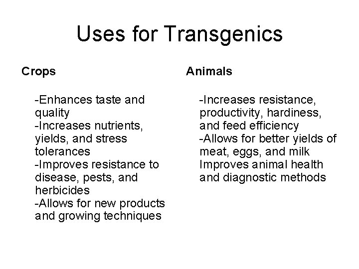 Uses for Transgenics Crops -Enhances taste and quality -Increases nutrients, yields, and stress tolerances