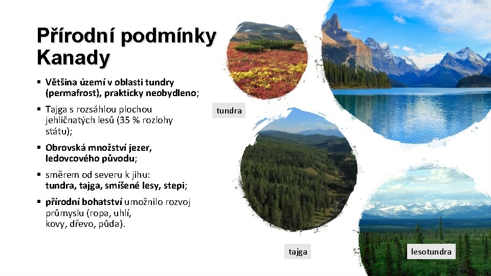 Přírodní podmínky Kanady § Většina území v oblasti tundry (permafrost), prakticky neobydleno; § Tajga