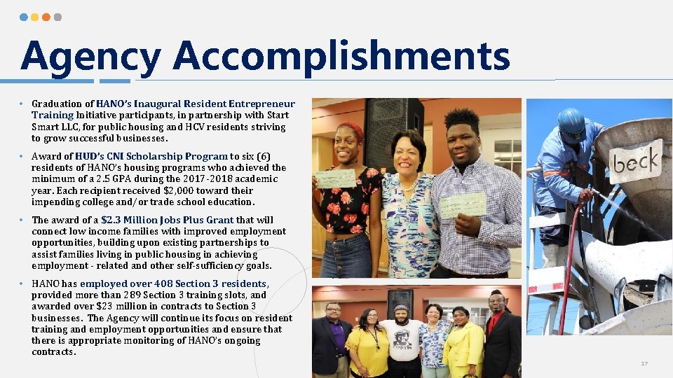 Agency Accomplishments • Graduation of HANO’s Inaugural Resident Entrepreneur Training Initiative participants, in partnership