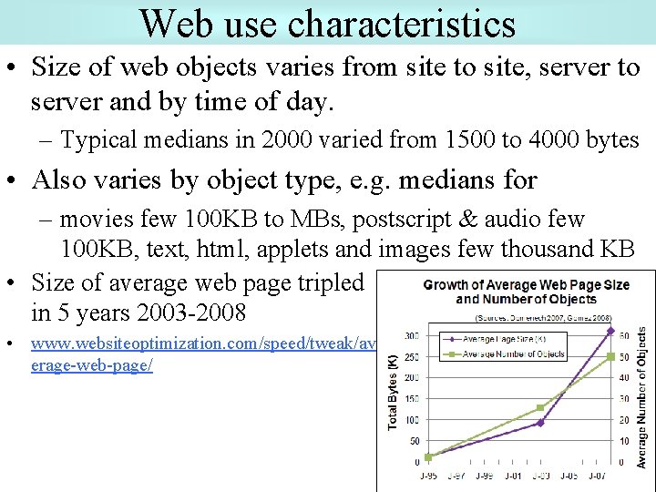 Web use characteristics • Size of web objects varies from site to site, server