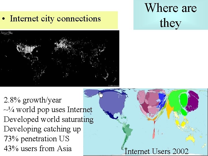  • Internet city connections 2. 8% growth/year ~¼ world pop uses Internet Developed