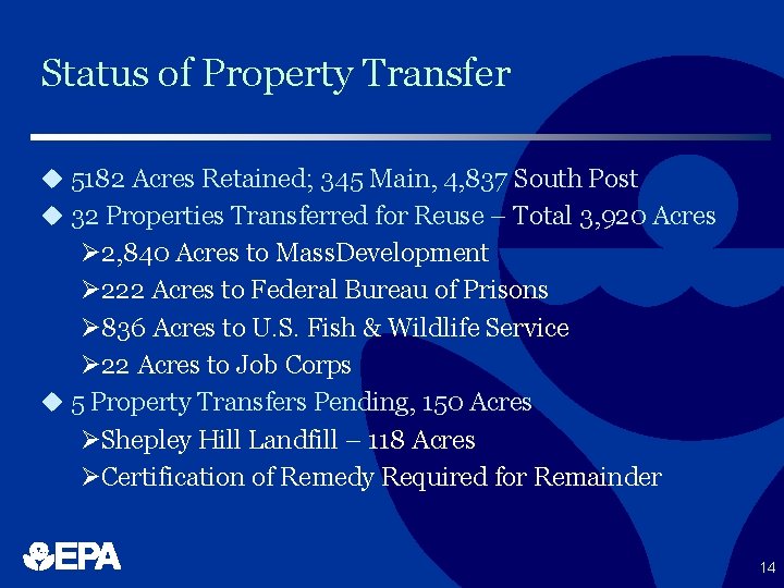 Status of Property Transfer u 5182 Acres Retained; 345 Main, 4, 837 South Post