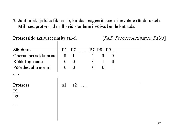 2. Juhtimiskirjeldus fikseerib, kuidas reageeritakse erinevatele sündmustele. Millised protsessid milliseid sündmusi võivad esile kutsuda.