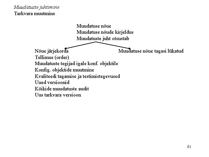 Muudatuste juhtimine Tarkvara muutmine Muudatuse nõude kirjeldus Muudatuste juht otsustab Nõue järjekorda Muudatuse nõue