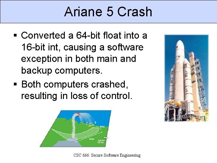 Ariane 5 Crash § Converted a 64 -bit float into a 16 -bit int,