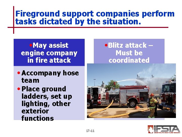 Fireground support companies perform tasks dictated by the situation. • May assist • Blitz